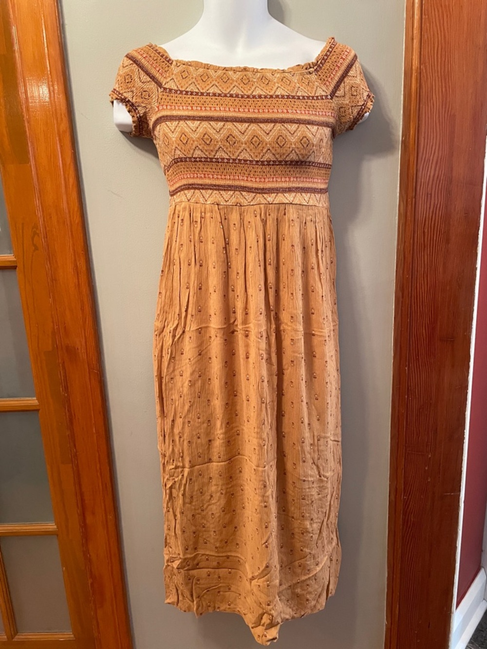 WILD SKYE Boho Off-Shoulder Patterned Maxi Dress Hippie Coquette Milkmaid